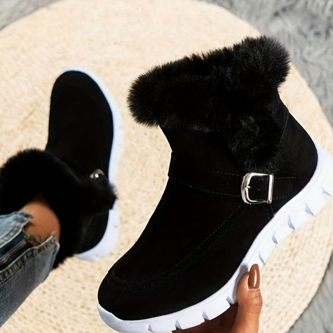 Women's Plush-Trimmed Buckle Ankle Winter Snow Boots - Black