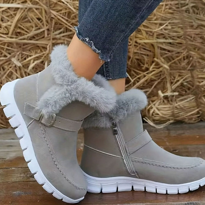 Women's Plush-Trimmed Buckle Ankle Winter Snow Boots