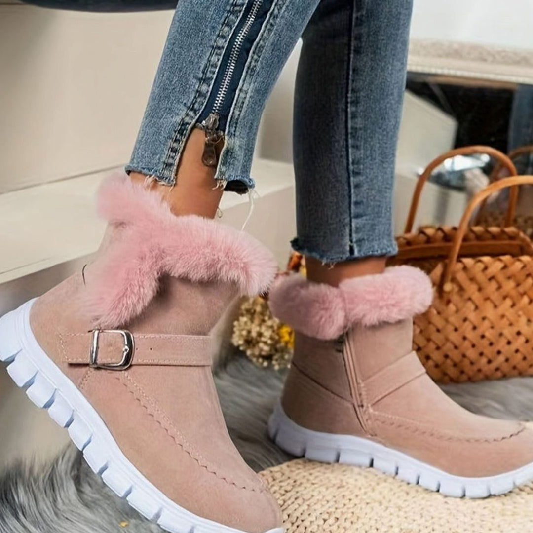 Women's Plush-Trimmed Buckle Ankle Winter Snow Boots