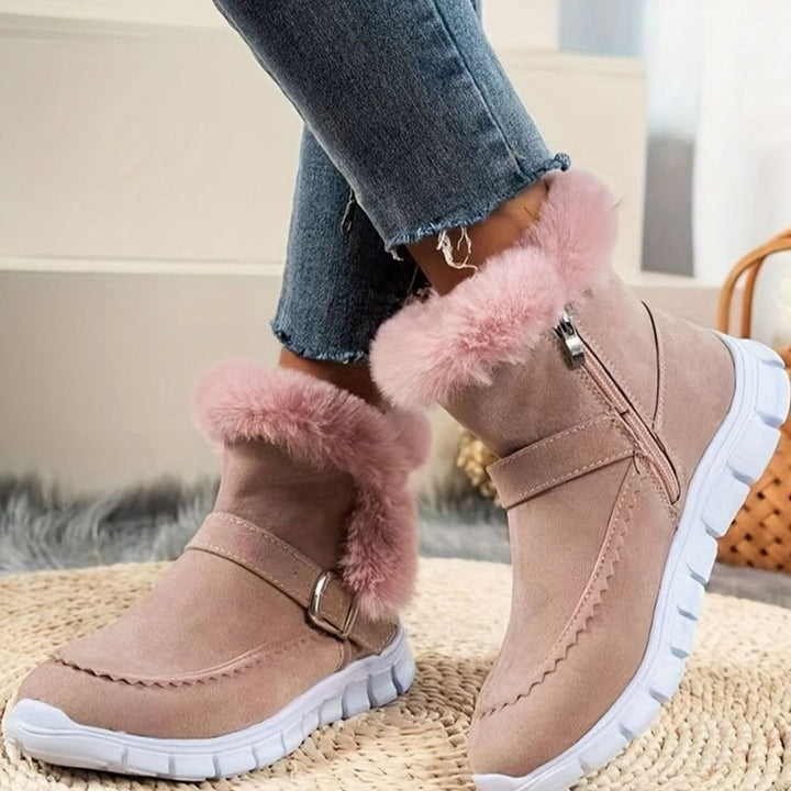 Women's Plush-Trimmed Buckle Ankle Winter Snow Boots - Pink