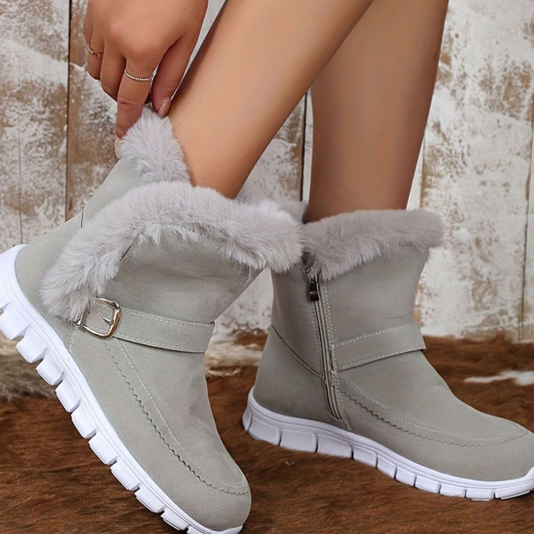 Women's Plush-Trimmed Buckle Ankle Winter Snow Boots - Grey
