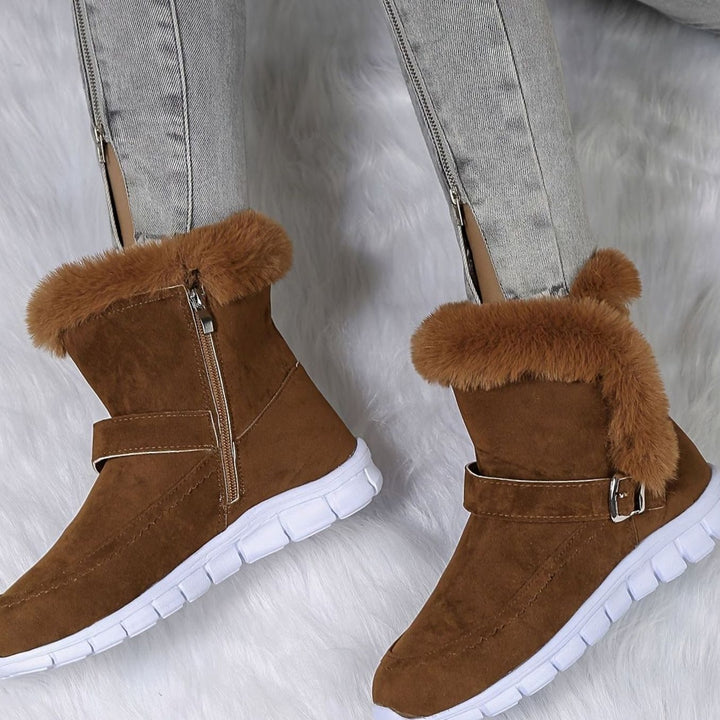 Women's Plush-Trimmed Buckle Ankle Winter Snow Boots - Brown