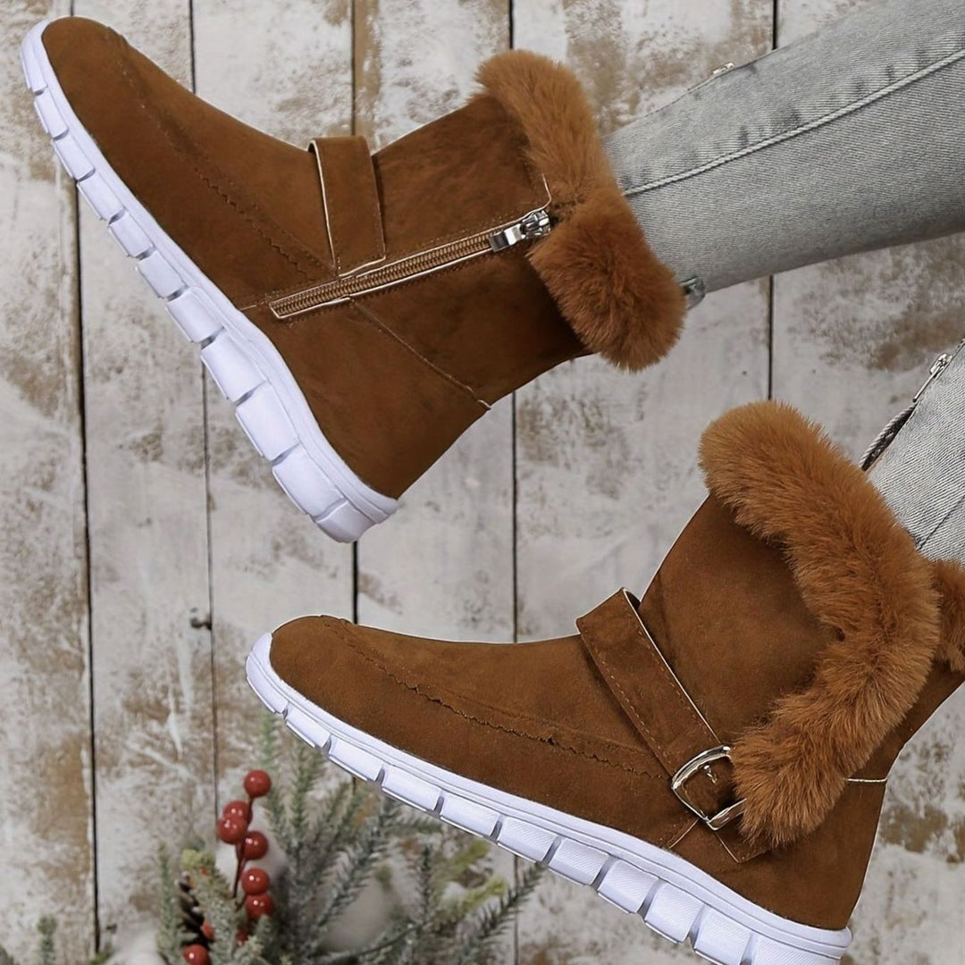 Women's Plush-Trimmed Buckle Ankle Winter Snow Boots