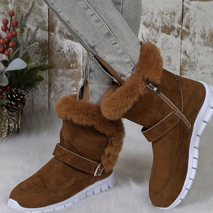 Women's Plush-Trimmed Buckle Ankle Winter Snow Boots