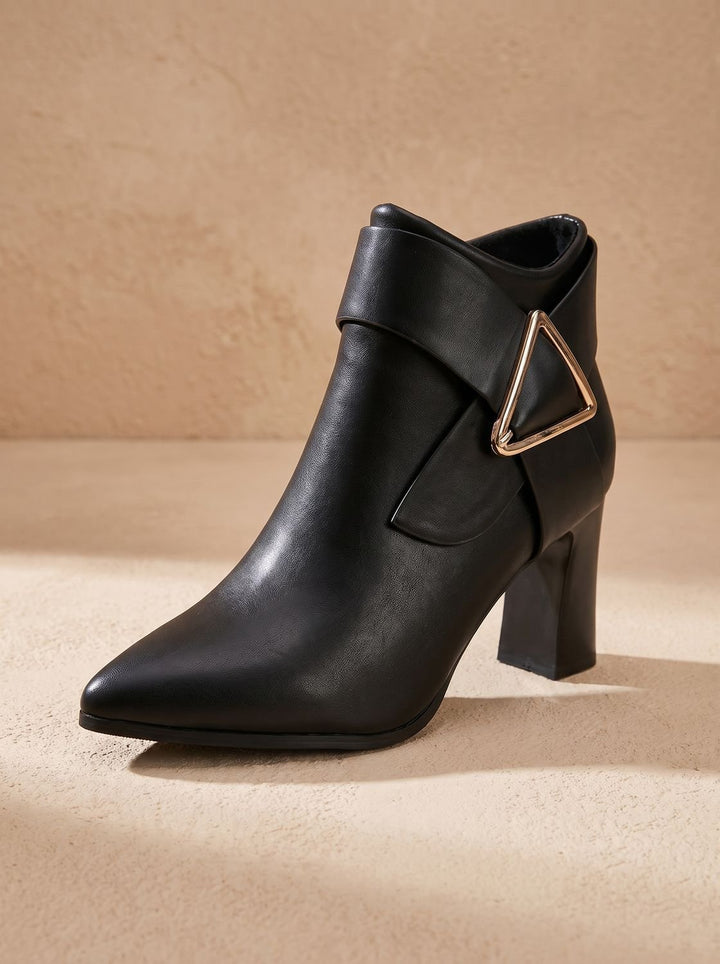 Women's Pointed-Toe Block Heel Ankle Boots Triangle Buckle - Black