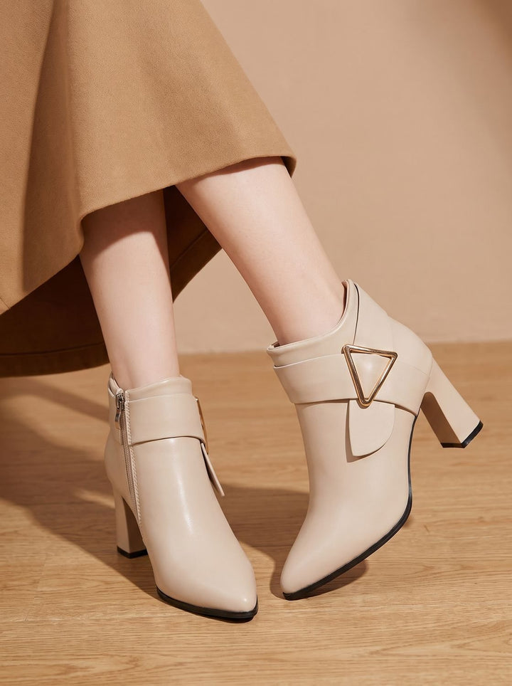 Women's Pointed-Toe Block Heel Ankle Boots Triangle Buckle