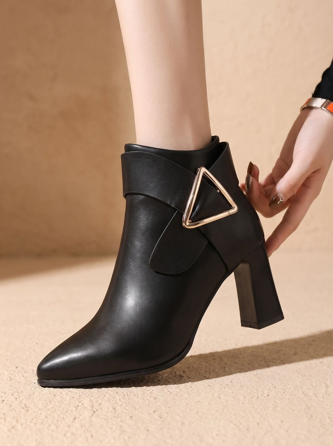 Women's Pointed-Toe Block Heel Ankle Boots Triangle Buckle
