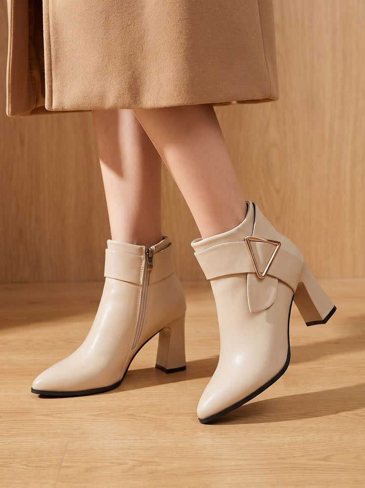 Women's Pointed-Toe Block Heel Ankle Boots Triangle Buckle