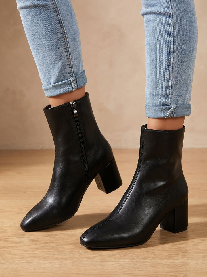 Women's Pointed-Toe Block-Heel Side-Zip Ankle Boots - Black