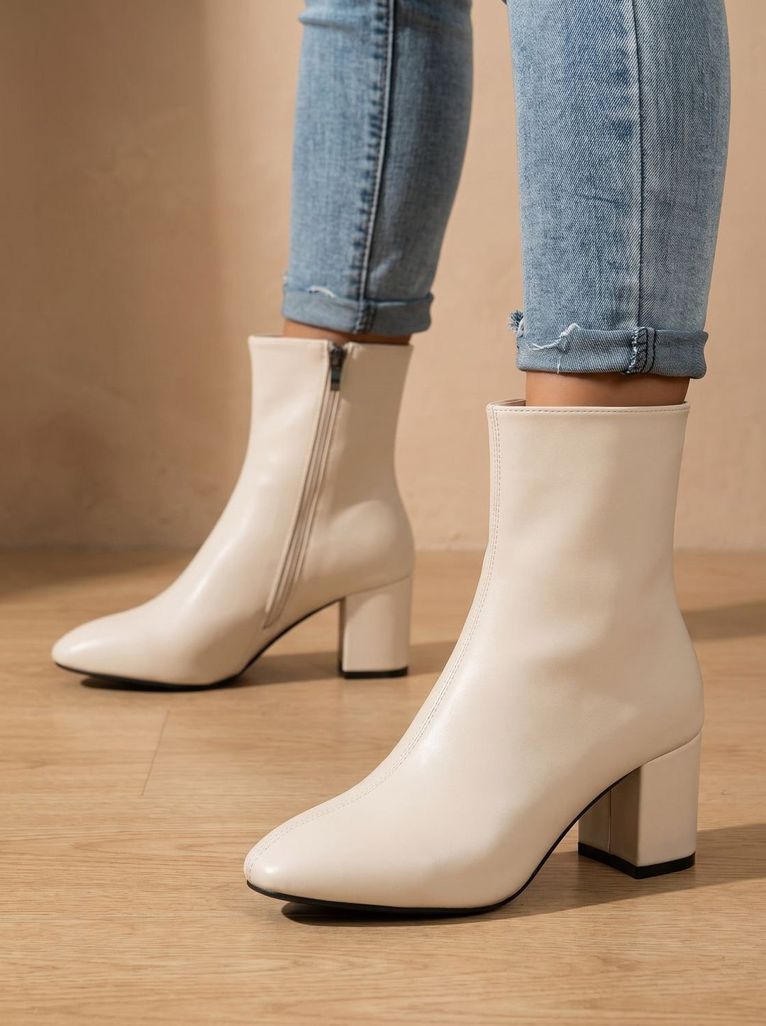 Women's Pointed-Toe Block-Heel Side-Zip Ankle Boots - Beige