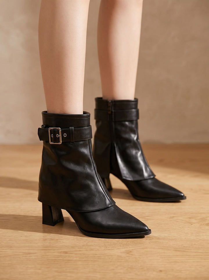 Women's Pointed-Toe Buckle-Strap Block-Heel Ankle Boots - Black