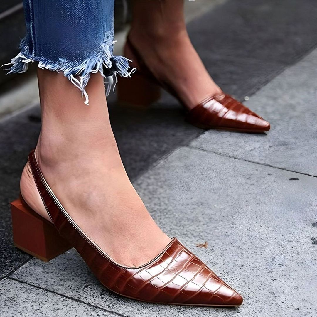 Women's Pointed-Toe Croc-Embossed Slingback Block Heel Pumps - Brown