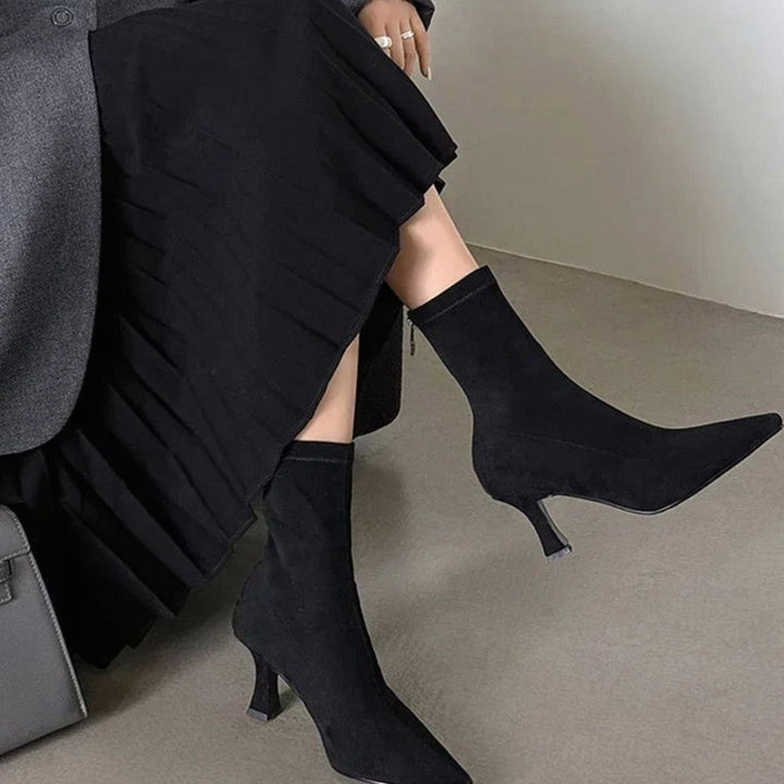 Women's Pointed Toe Kitten Heel Sock Ankle Boots - Black