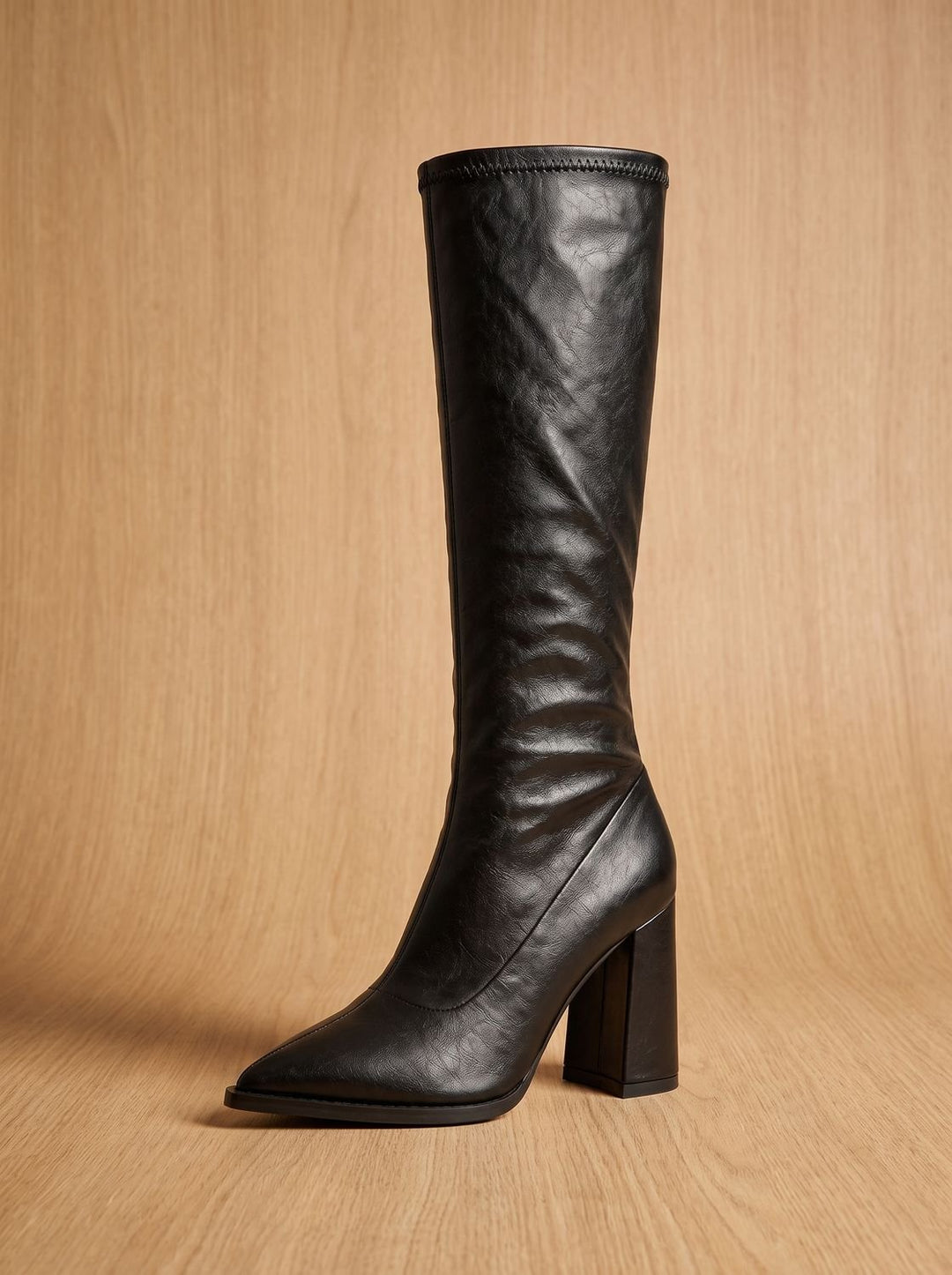 Women's Pointed-Toe Knee High Boots Chunky Block Heel - Black