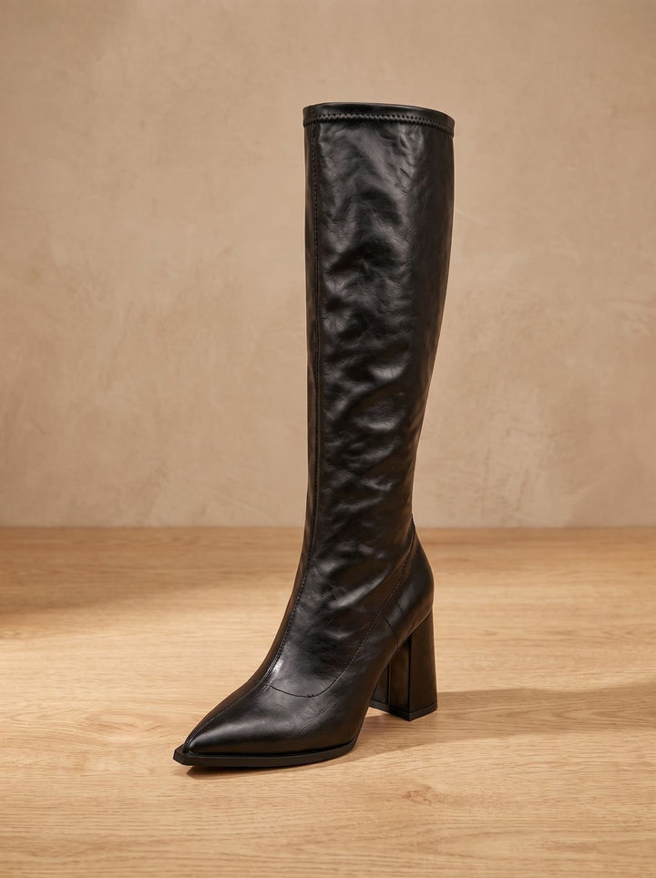 Women's Pointed-Toe Knee High Boots Chunky Block Heel
