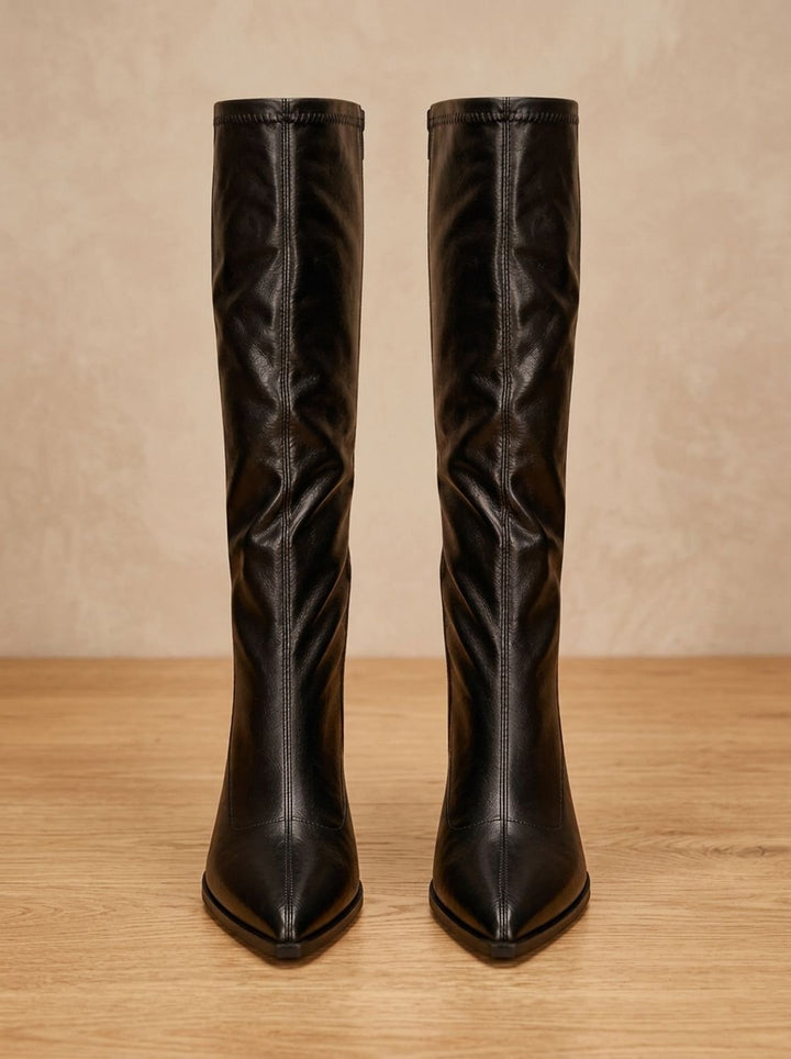 Women's Pointed-Toe Knee High Boots Chunky Block Heel