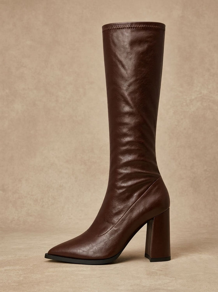 Women's Pointed-Toe Knee High Boots Chunky Block Heel - Brown