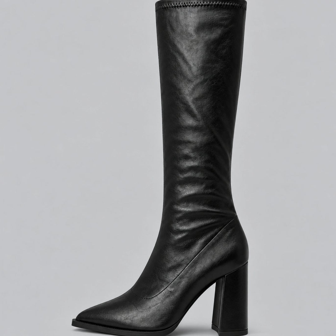 Women's Pointed-Toe Knee-High Chunky Block Heel Boots - Black