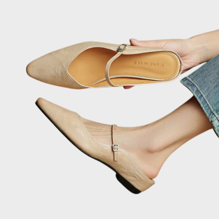 Women's Pointed-Toe Mary Jane Buckle-Strap Leather Mule Flats - Beige