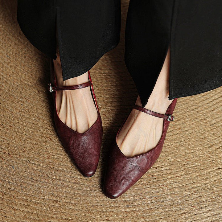 Women's Pointed-Toe Mary Jane Buckle-Strap Leather Mule Flats