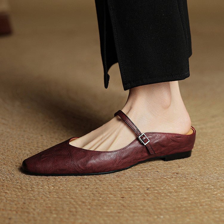 Women's Pointed-Toe Mary Jane Buckle-Strap Leather Mule Flats