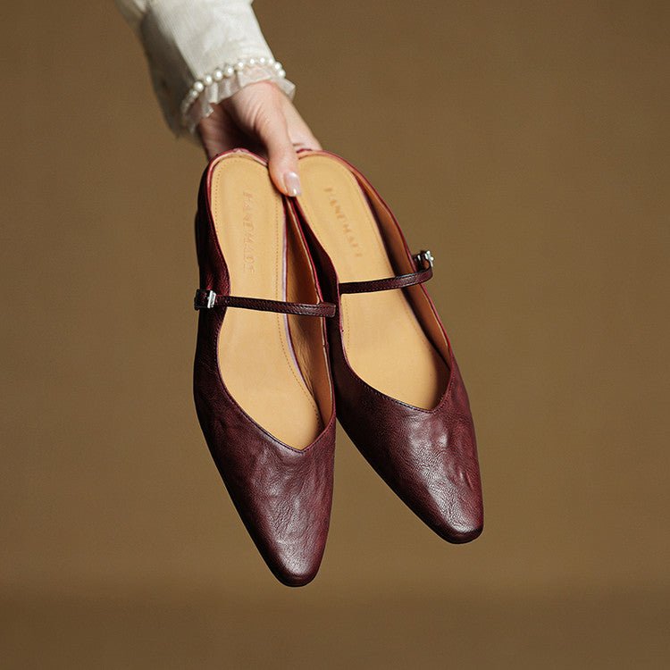 Women's Pointed-Toe Mary Jane Buckle-Strap Leather Mule Flats