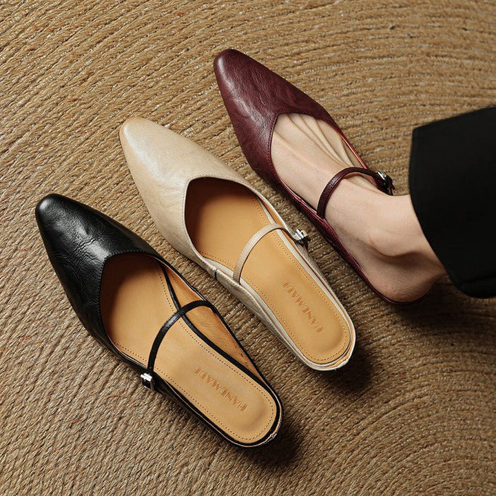 Women's Pointed-Toe Mary Jane Buckle-Strap Leather Mule Flats
