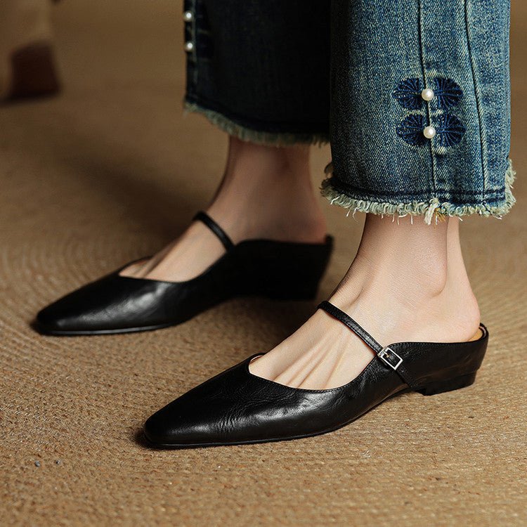 Women's Pointed-Toe Mary Jane Buckle-Strap Leather Mule Flats