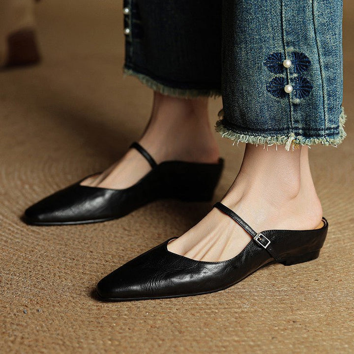 Women's Pointed-Toe Mary Jane Buckle-Strap Leather Mule Flats