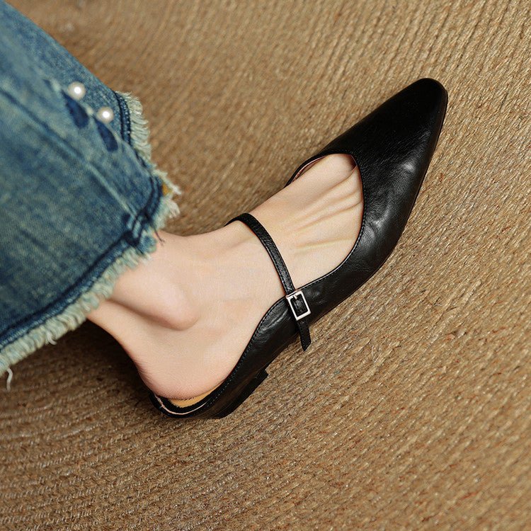 Women's Pointed-Toe Mary Jane Buckle-Strap Leather Mule Flats