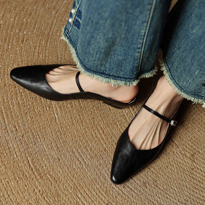 Women's Pointed-Toe Mary Jane Buckle-Strap Leather Mule Flats