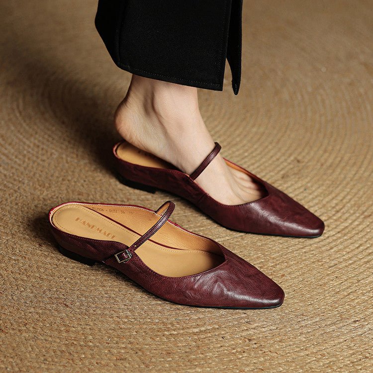 Women's Pointed-Toe Mary Jane Buckle-Strap Leather Mule Flats - Braun