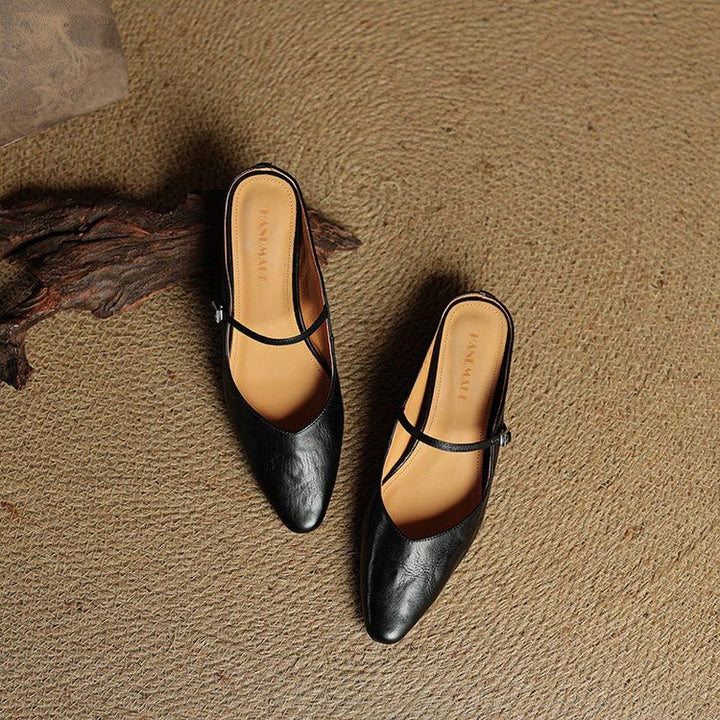 Women's Pointed-Toe Mary Jane Buckle-Strap Leather Mule Flats