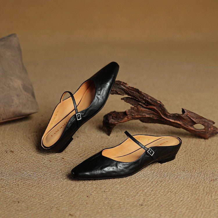Women's Pointed-Toe Mary Jane Buckle-Strap Leather Mule Flats