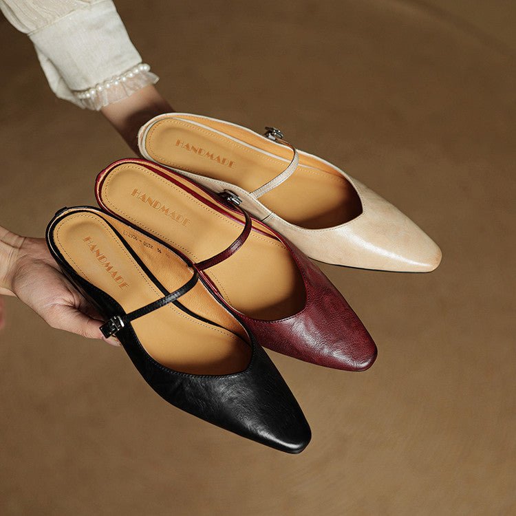 Women's Pointed-Toe Mary Jane Buckle-Strap Leather Mule Flats