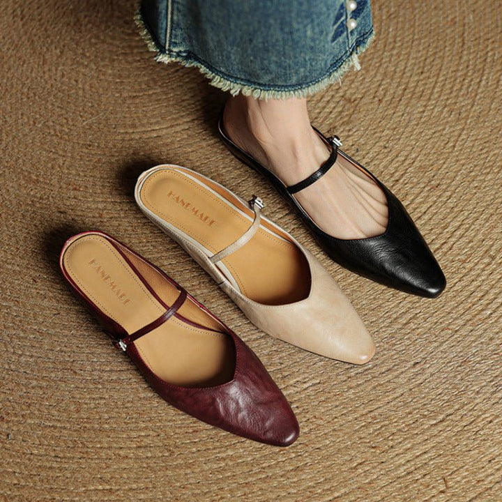 Women's Pointed-Toe Mary Jane Buckle-Strap Leather Mule Flats