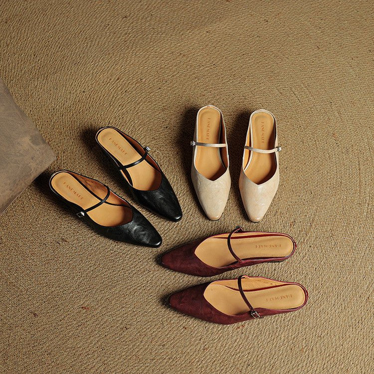 Women's Pointed-Toe Mary Jane Buckle-Strap Leather Mule Flats