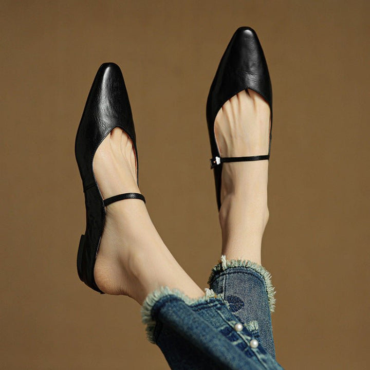 Women's Pointed-Toe Mary Jane Buckle-Strap Leather Mule Flats - Schwarz