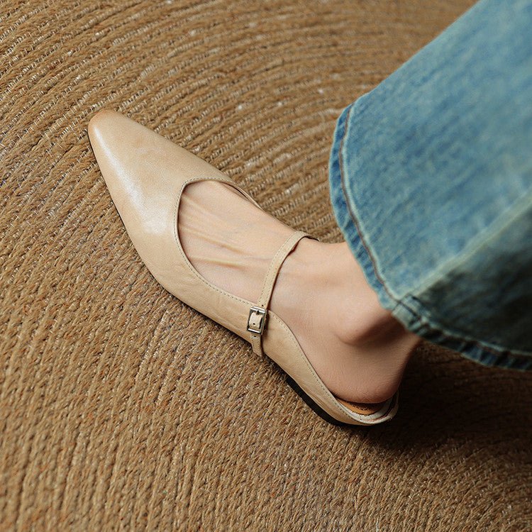 Women's Pointed-Toe Mary Jane Buckle-Strap Leather Mule Flats