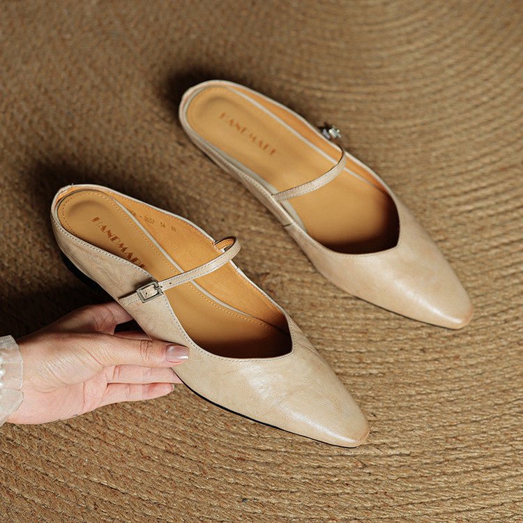 Women's Pointed-Toe Mary Jane Buckle-Strap Leather Mule Flats