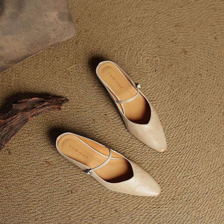 Women's Pointed-Toe Mary Jane Buckle-Strap Leather Mule Flats