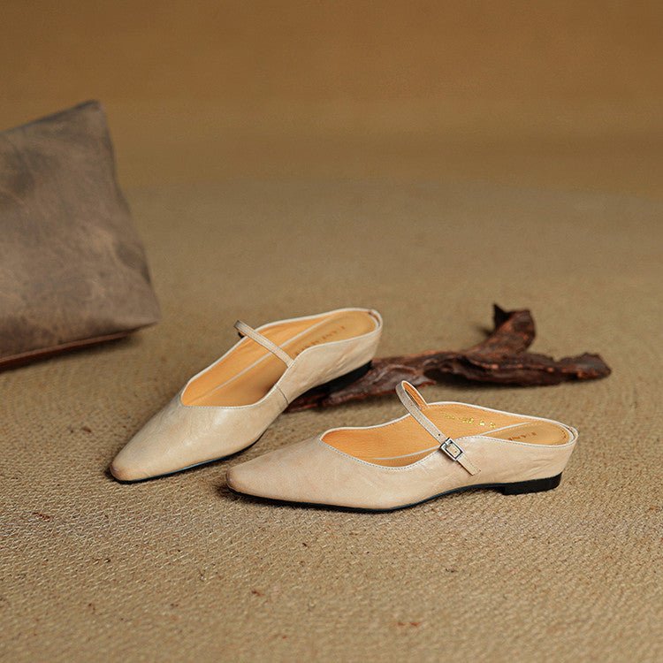 Women's Pointed-Toe Mary Jane Buckle-Strap Leather Mule Flats
