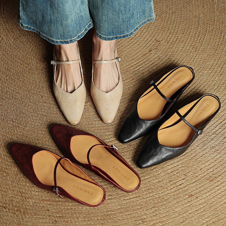 Women's Pointed-Toe Mary Jane Buckle-Strap Leather Mule Flats