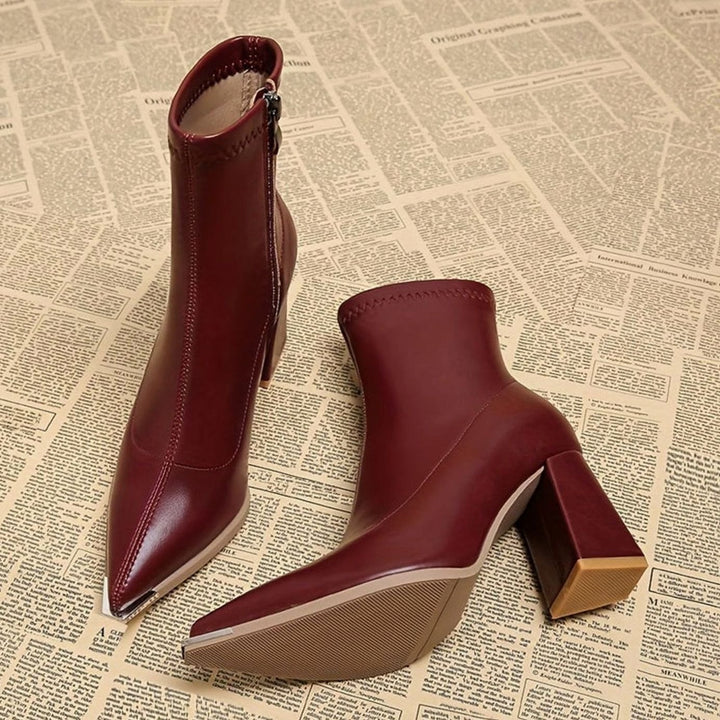 Women's Pointed-Toe Side-Zip Chunky Block Heel Ankle Boots - Brick Red