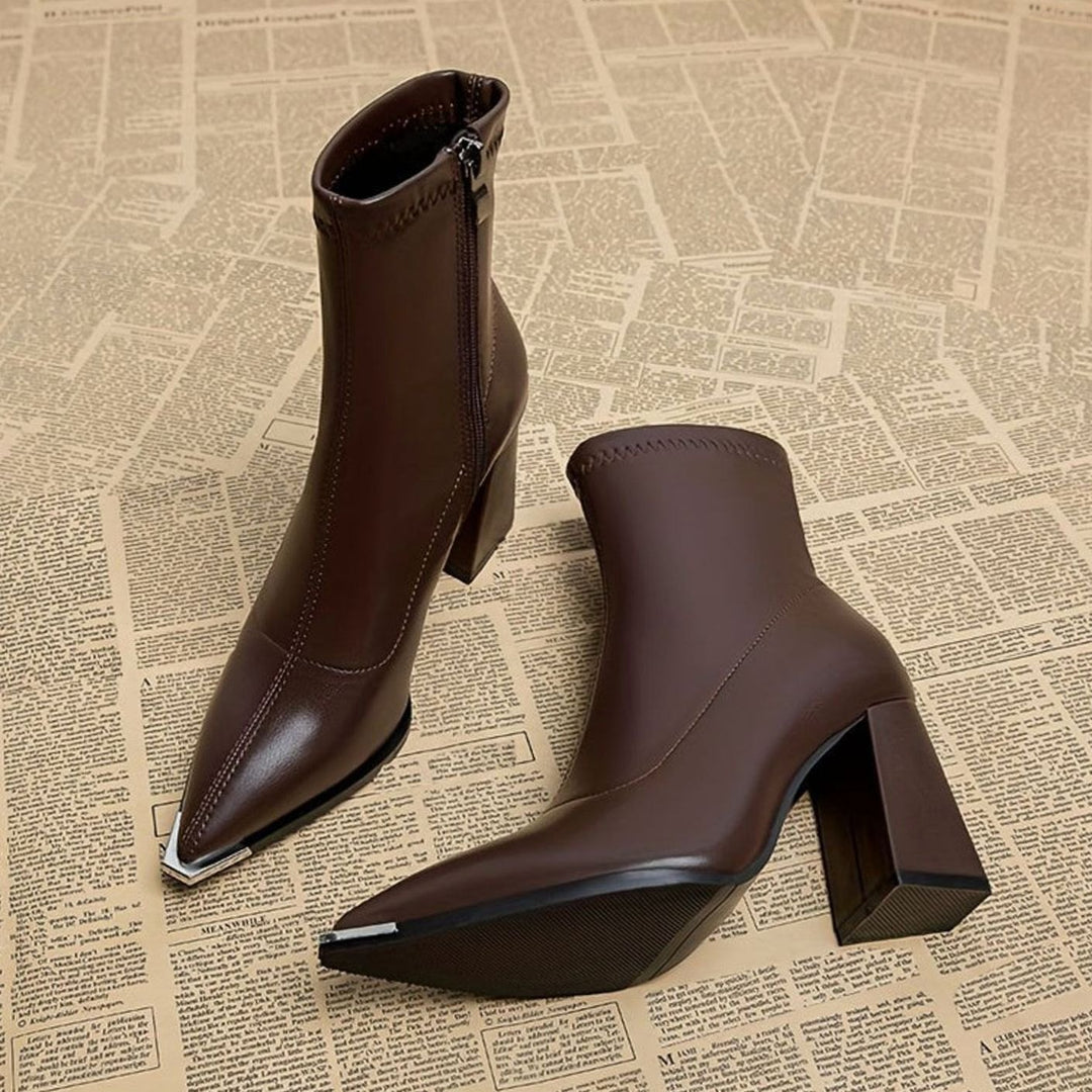 Women's Pointed-Toe Side-Zip Chunky Block Heel Ankle Boots - Burgundy