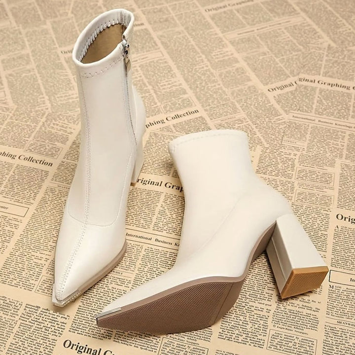 Women's Pointed-Toe Side-Zip Chunky Block Heel Ankle Boots - Beige