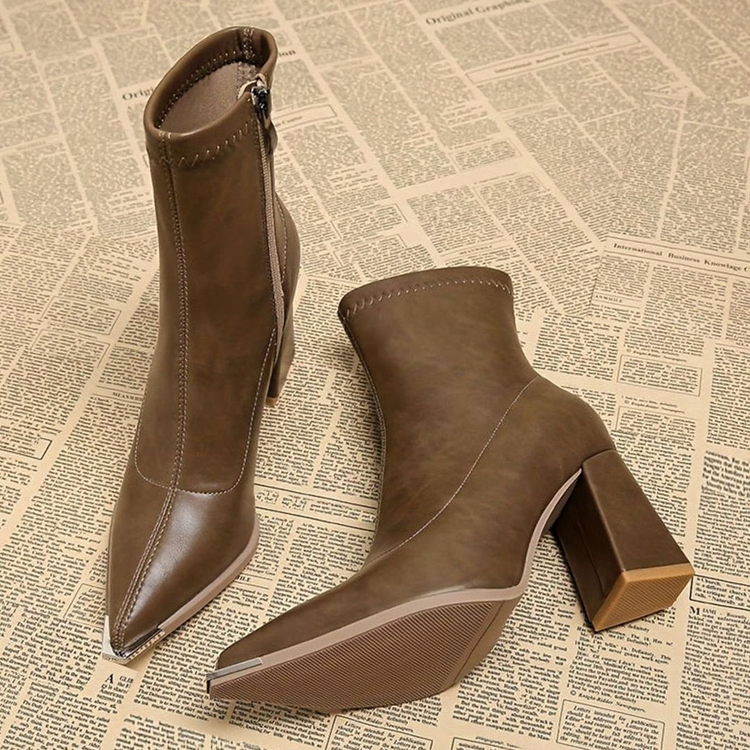 Women's Pointed-Toe Side-Zip Chunky Block Heel Ankle Boots - Khaki