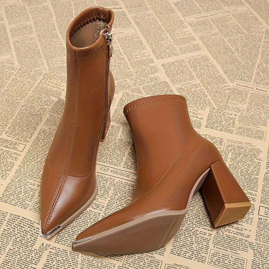 Women's Pointed-Toe Side-Zip Chunky Block Heel Ankle Boots - Rust