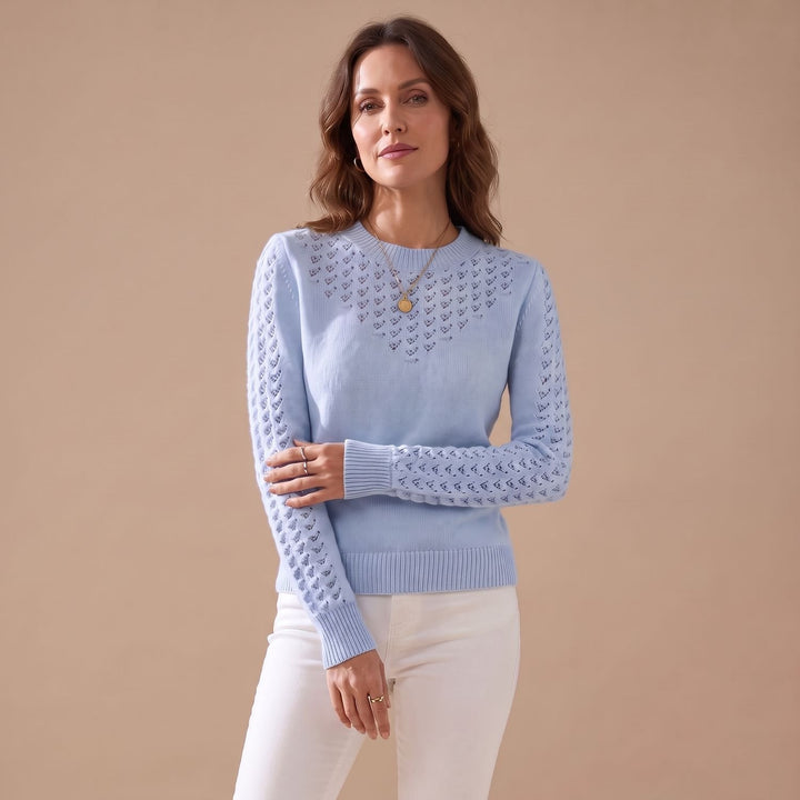 Women's Pointelle Knit Crewneck Long-Sleeve Sweater - Light Blue