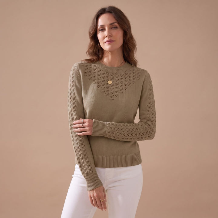Women's Pointelle Knit Crewneck Long-Sleeve Sweater - Brown